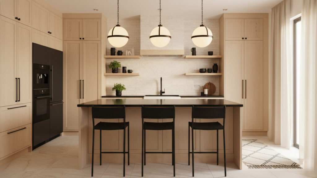 Warm White Kitchen with Black Accents for Bold and Modern Contrast