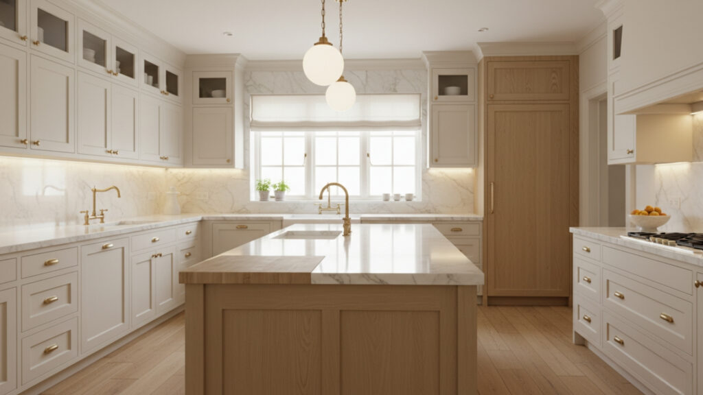 Warm White Kitchen with Brass Fixtures for Subtle Luxury Touch