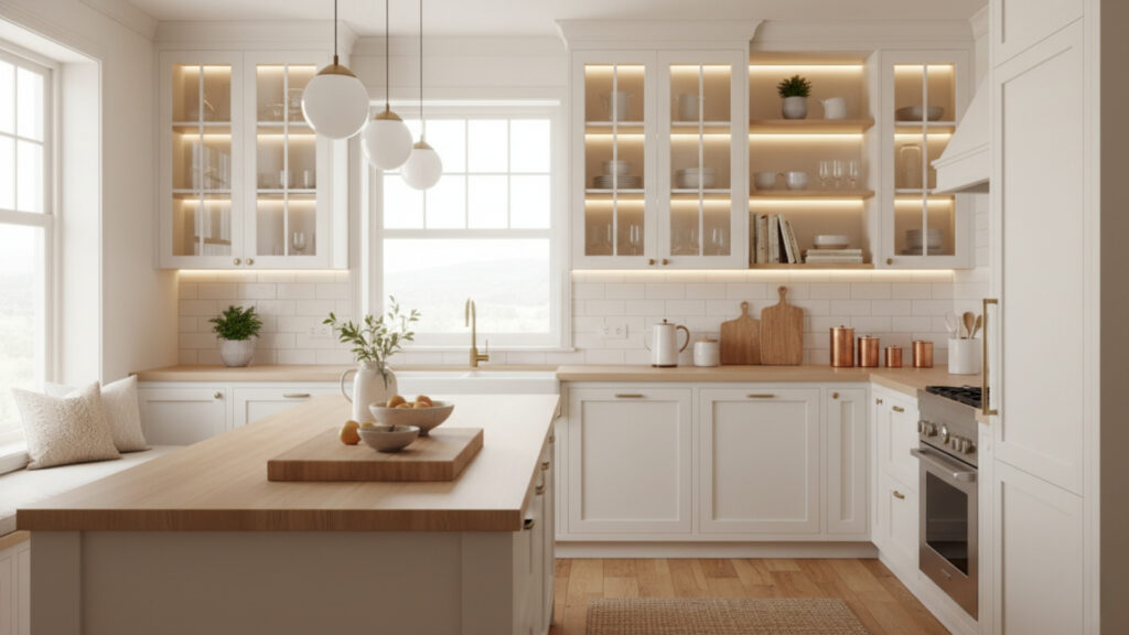 Warm White Kitchen with Glass Cabinets for Light and Openness