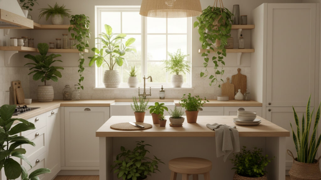 Warm White Kitchen with Greenery for Fresh and Lively Touch