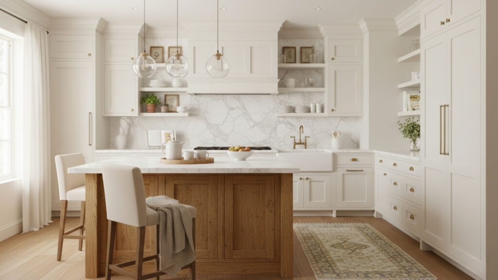 Warm White Kitchen with Island Design for Functional Elegance