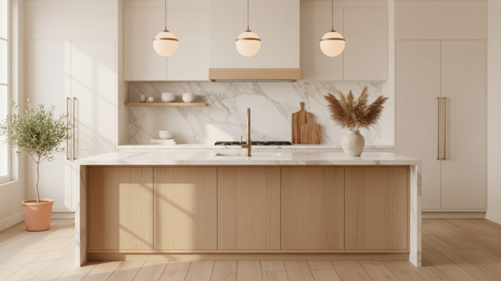 Warm White Kitchen with Marble Countertops for Timeless Beauty