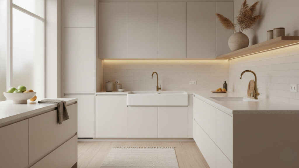 Warm White Kitchen with Matte Finishes for Soft and Modern Look
