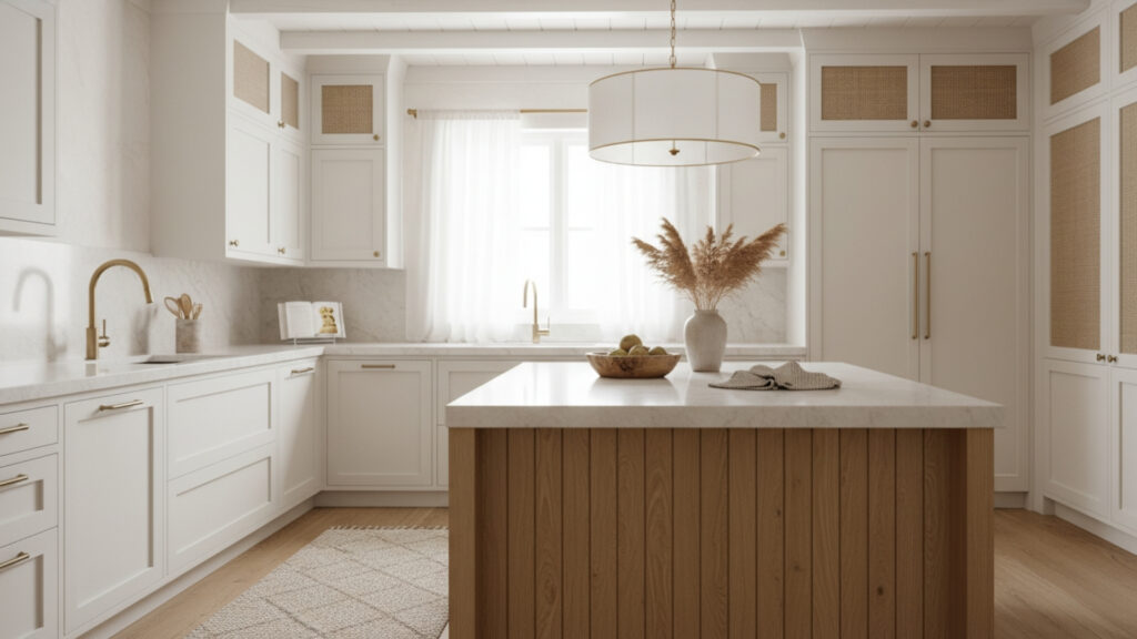 Warm White Kitchen with Mixed Materials for Balanced and Rich Texture