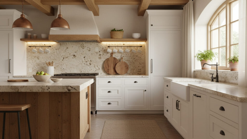 Warm White Kitchen with Natural Stone Elements for Organic Style