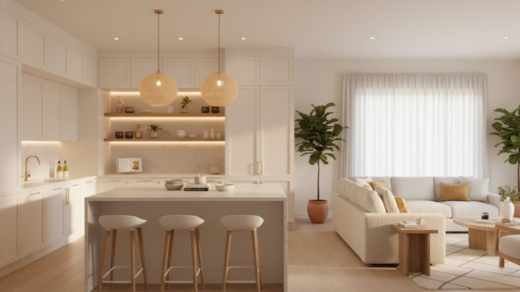 Warm White Kitchen with Open Layout for Spacious and Airy Feel