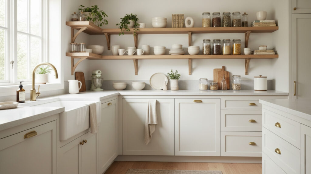 warm White Kitchen with Open Shelving for Airy and Stylish Look