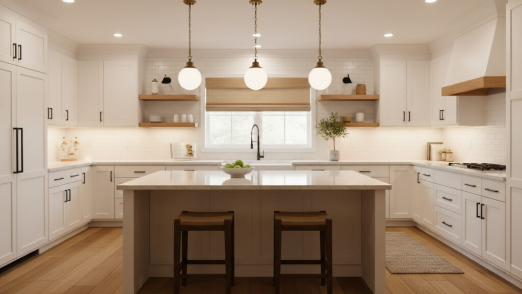 Warm White Kitchen with Pendant Lights for Stylish Illumination
