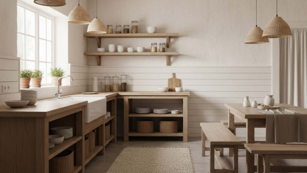 Warm White Kitchen with Textured Walls for Depth and Character