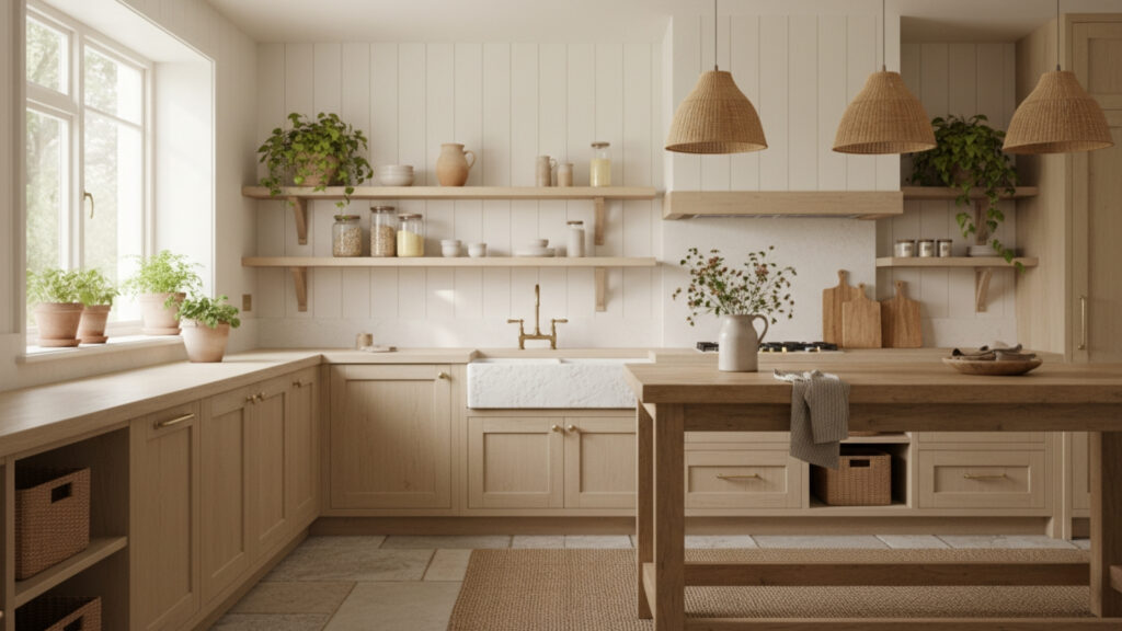 Warm White Kitchen with Wooden Accents for Natural and Balanced Style