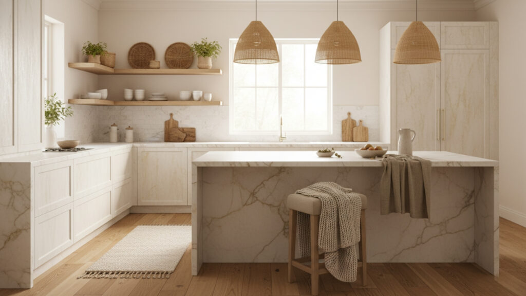 Warm White Kitchen with Wooden Flooring for Cozy and Natural Base