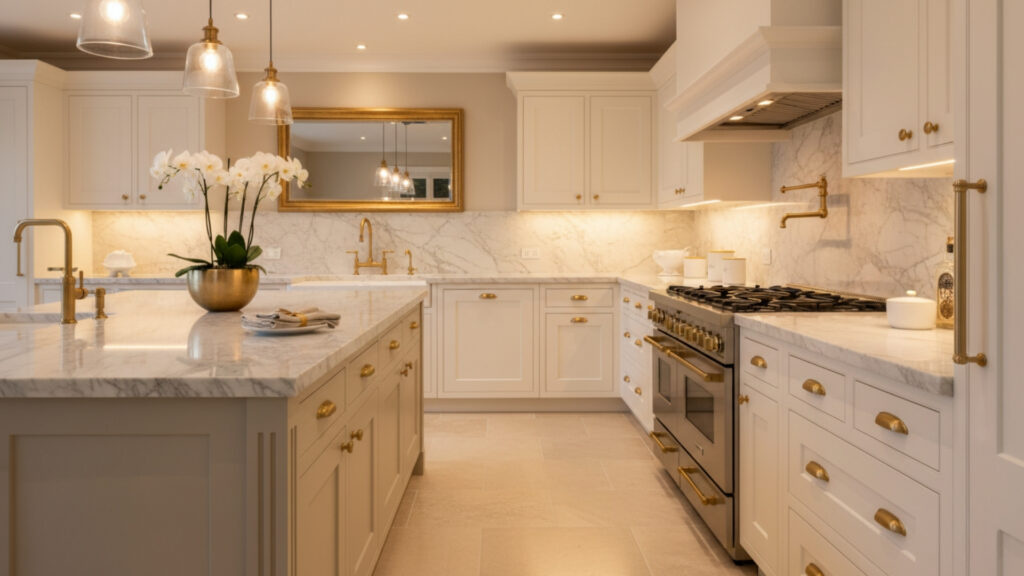 Warm White Kitchens with Gold Hardware for Luxurious Touch