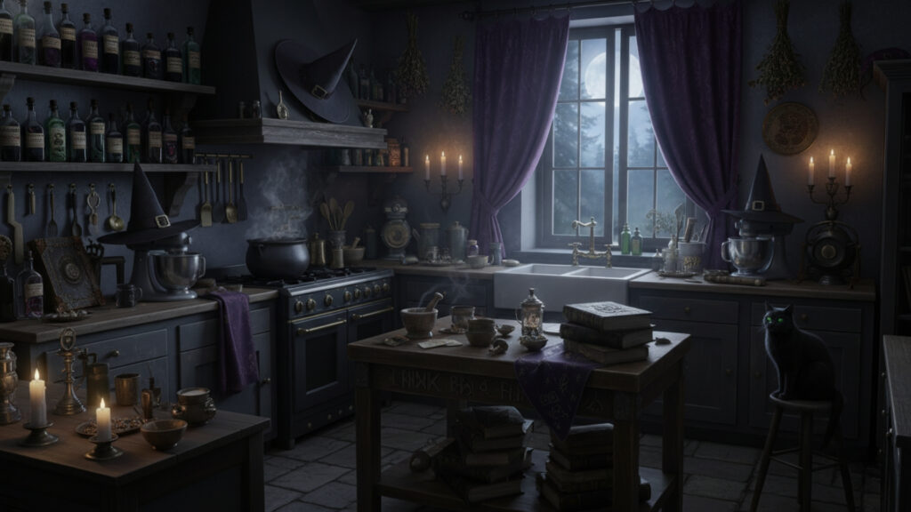 Witch-Inspired Kitchen Decor Setup with Magical and Dark Elements