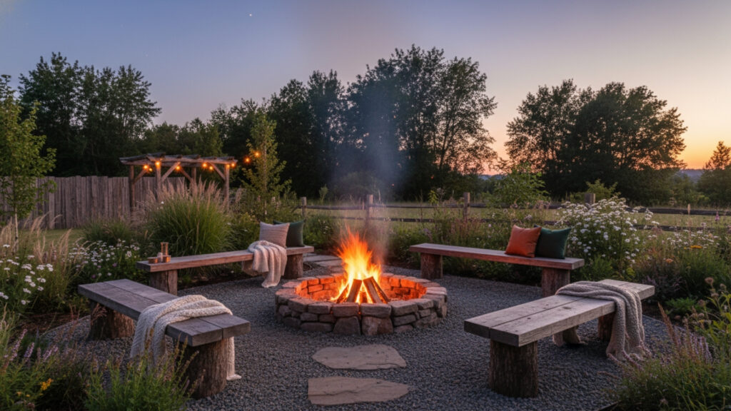 Wooden Bench Seating for Natural Rustic Fire Pit Style