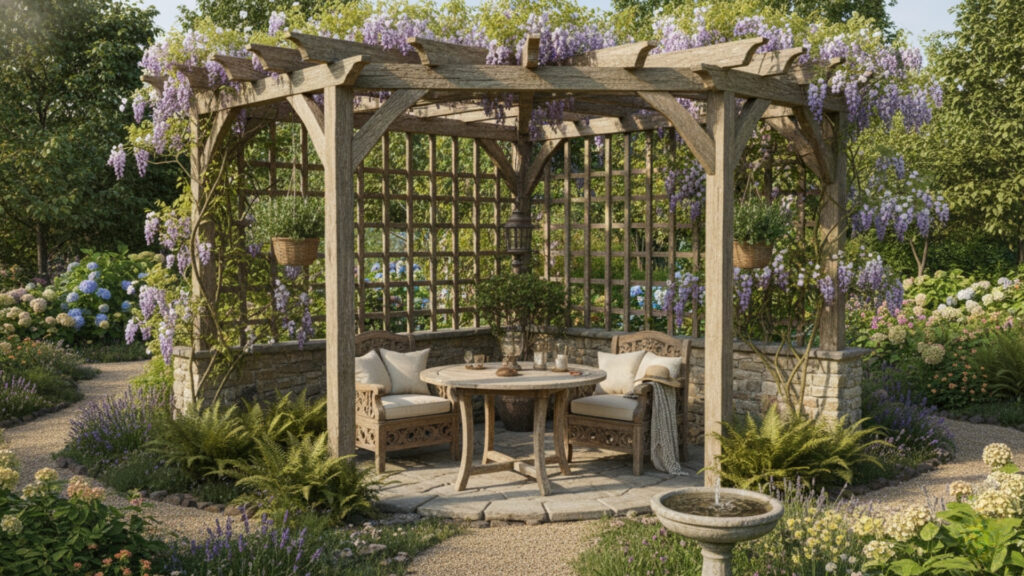 Wooden Corner Pergola Design for Natural and Warm Outdoor Feel