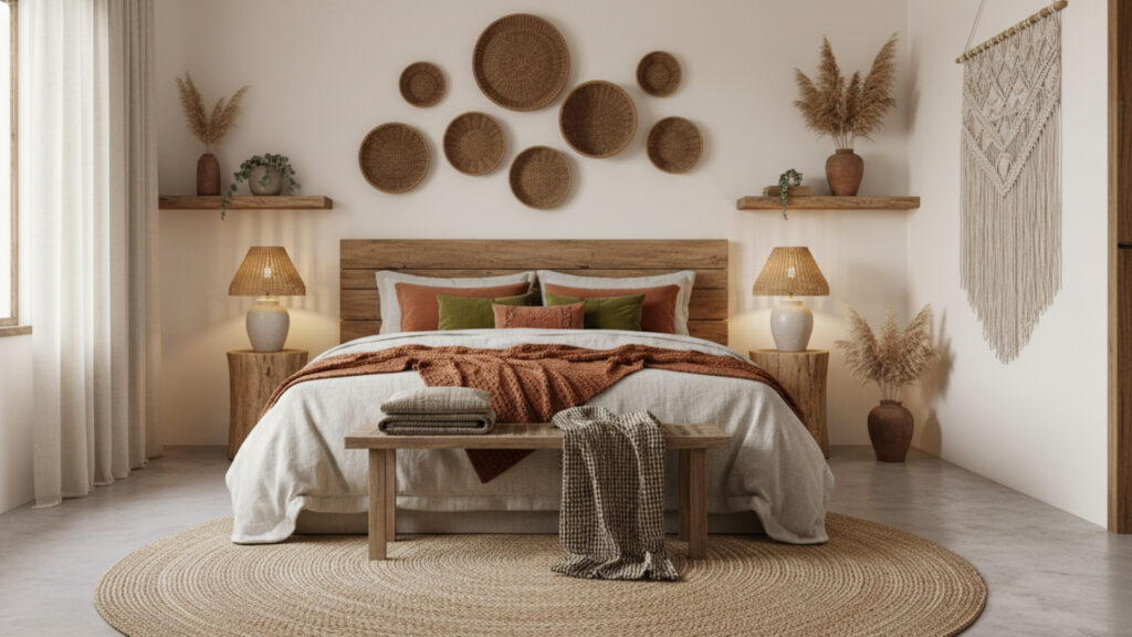 Woven Baskets Wall Decor for Rustic and Textured Bedroom Appeal