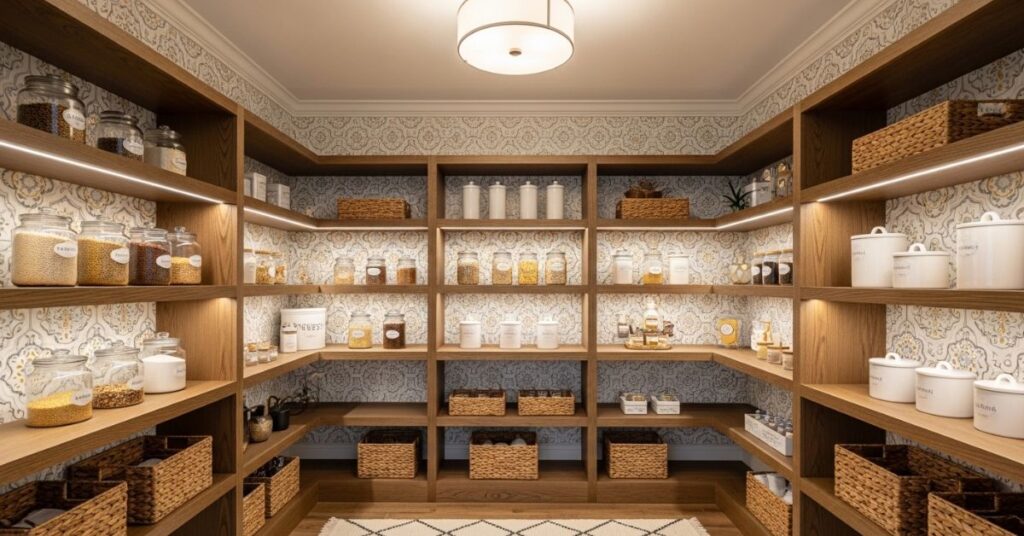 Elegant Pantry with Decorative Wallpaper