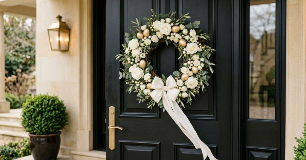 Elegant White And Gold Easter Wreath Design