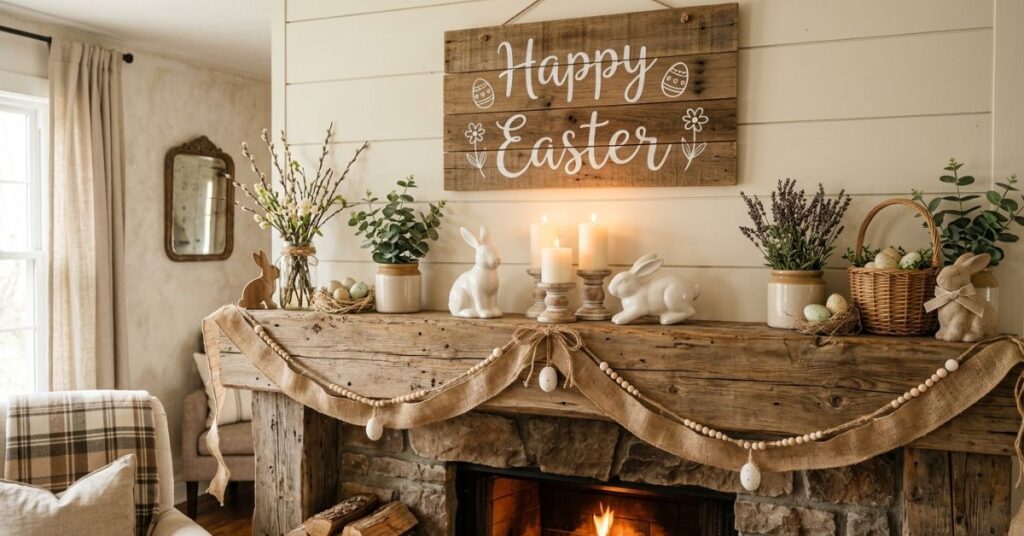 Farmhouse Wooden Sign Mantel Decor Idea