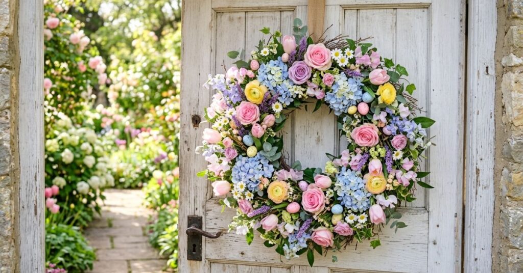 Floral Easter Wreath With Pastel Spring Flowers