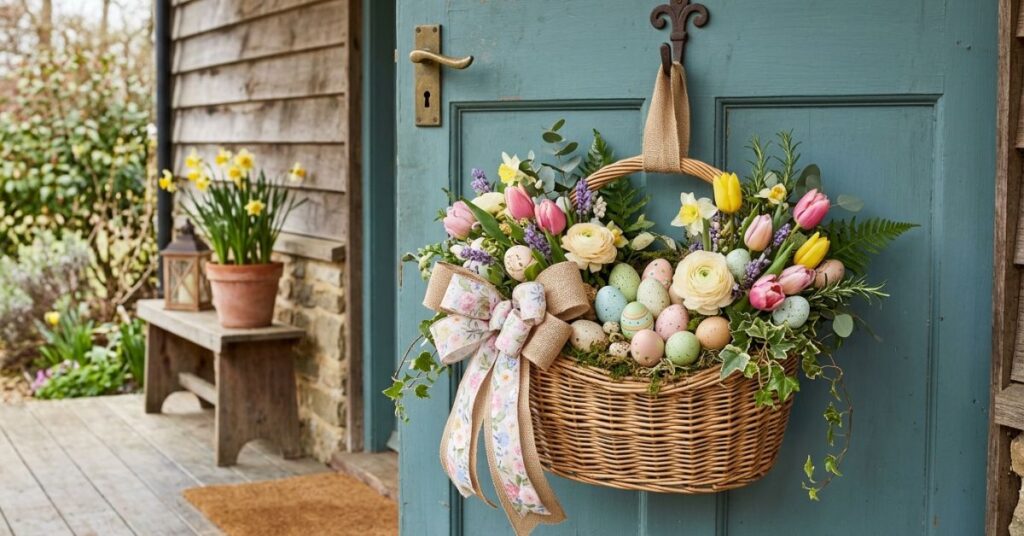 Hanging Basket Style Easter Door Wreath Idea
