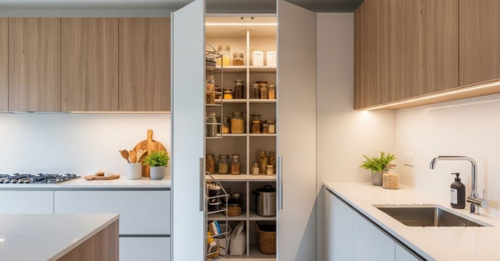 Hidden Pantry Behind Cabinet Doors