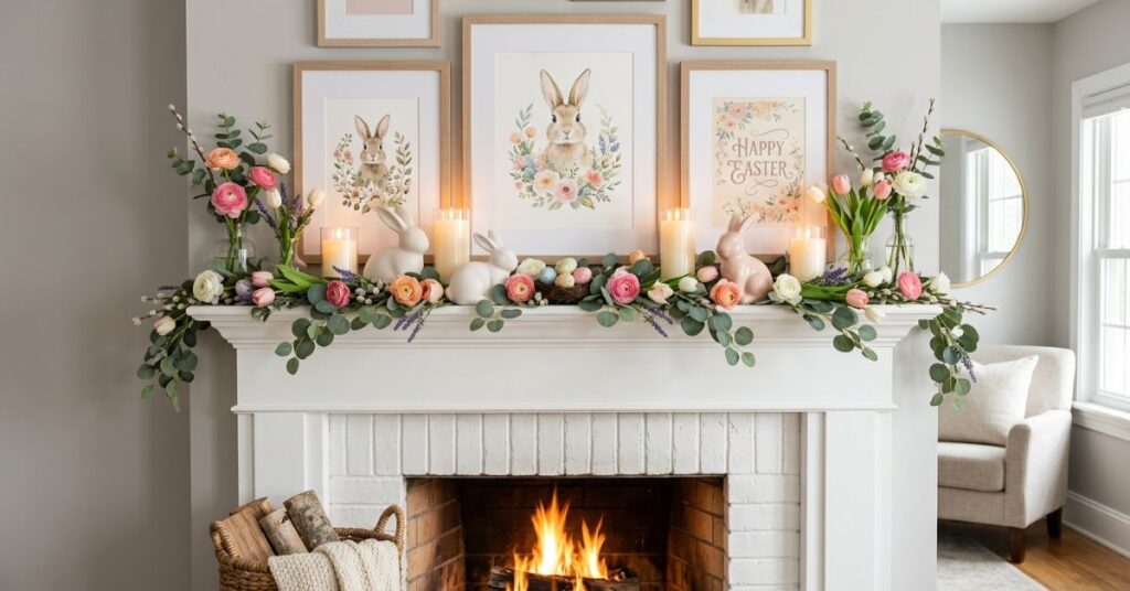 Layered Frames Easter Fireplace Styling