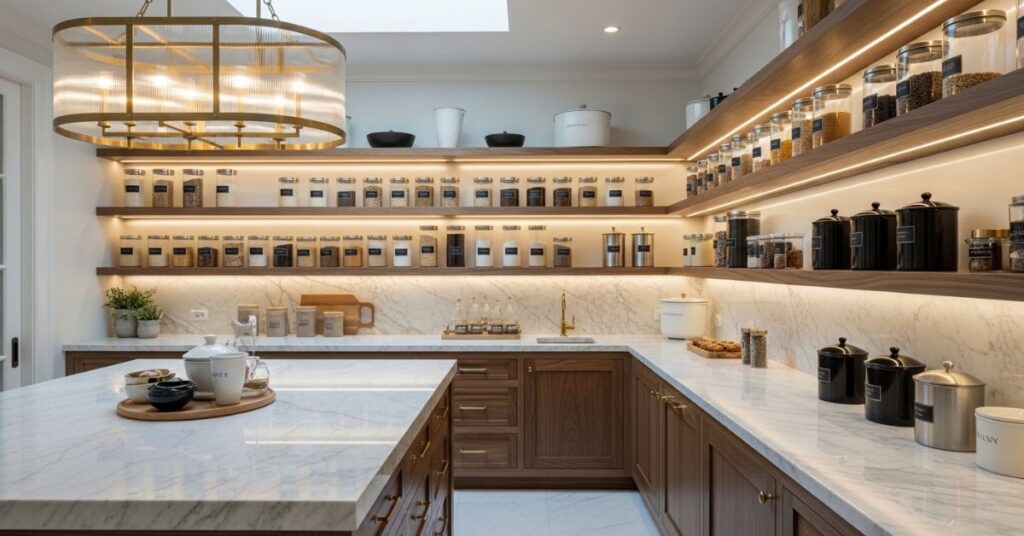 Luxury Walk In Pantry with Marble Countertops