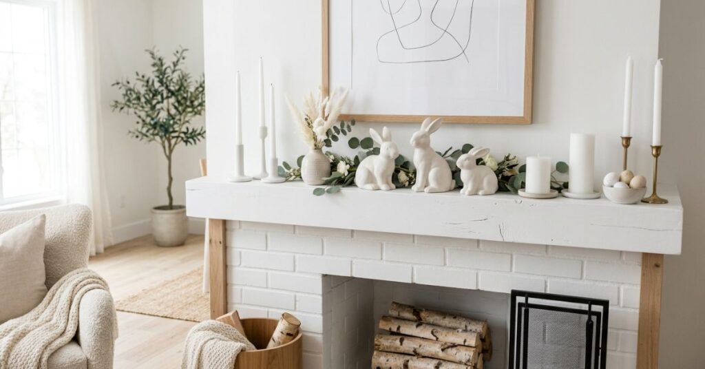 Minimal White Bunny Mantel Decor Setup