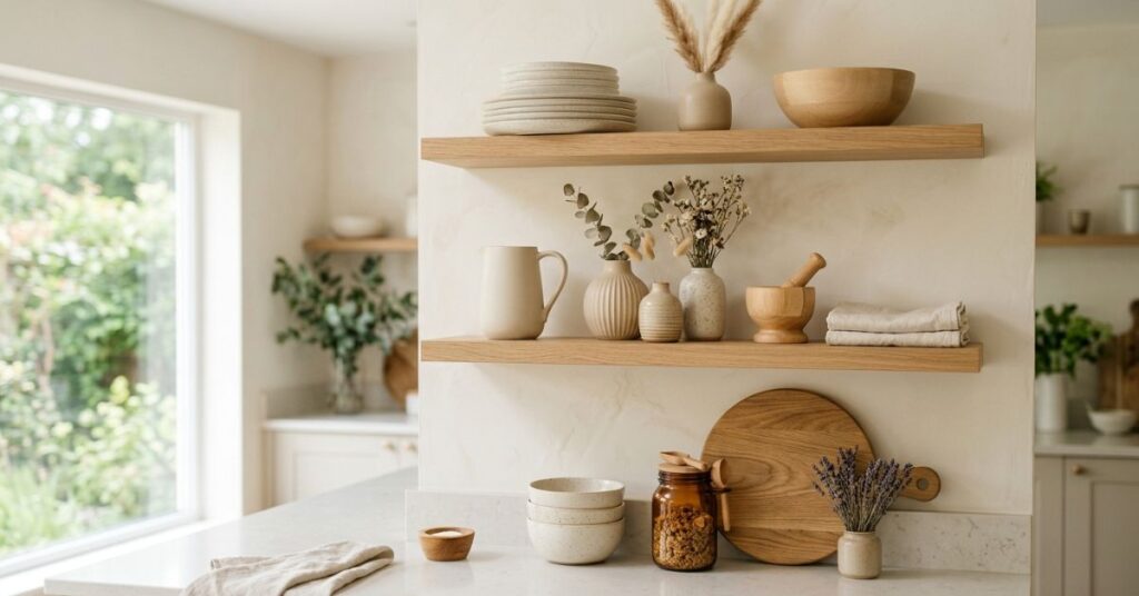 Neutral Kitchen Shelf Decor Aesthetic