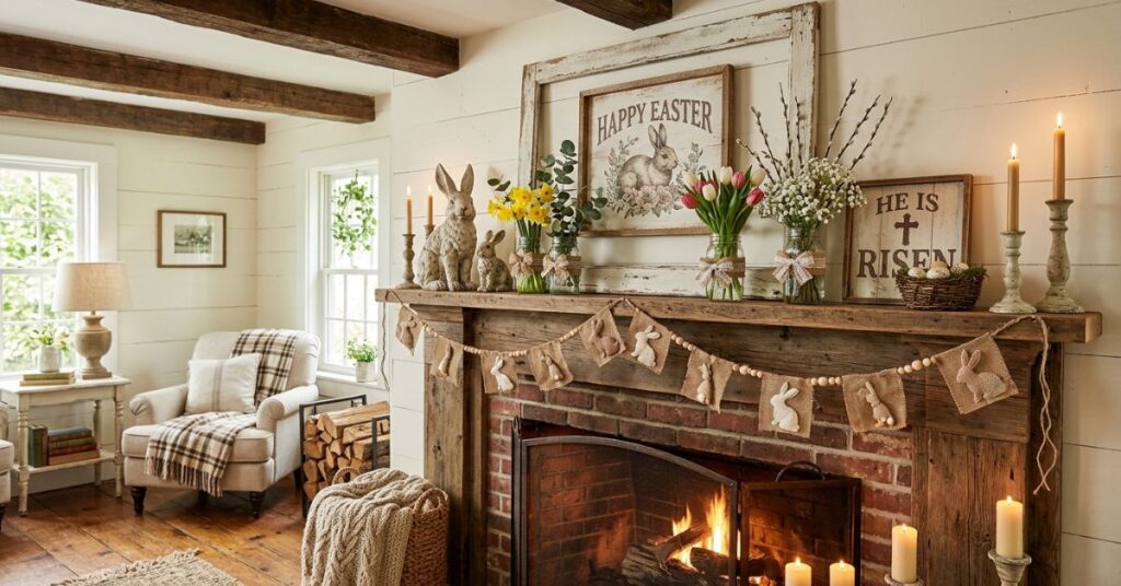 Rustic Farmhouse Easter Fireplace Look