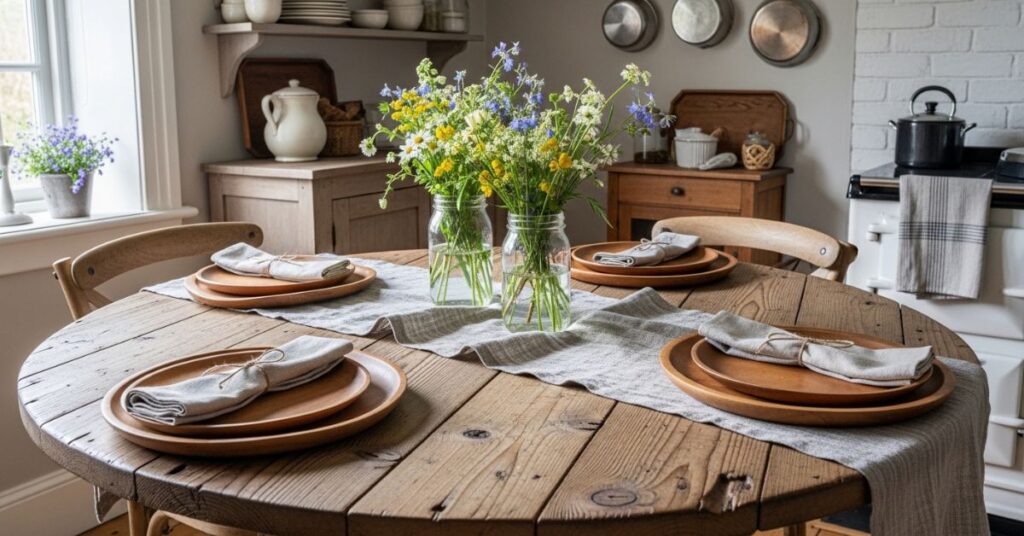 Rustic Farmhouse Round Dining Table Setup