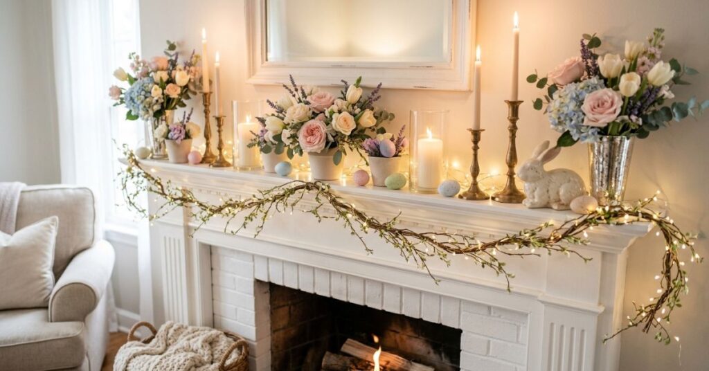 Soft Romantic Easter Mantel Glow Setup