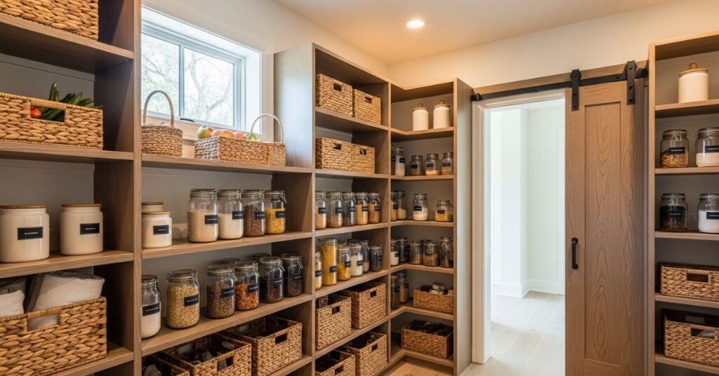 Walk-In Pantry with Open Wooden Shelves