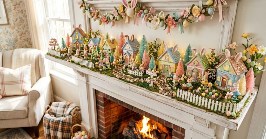 Whimsical Bunny Village Mantel Display