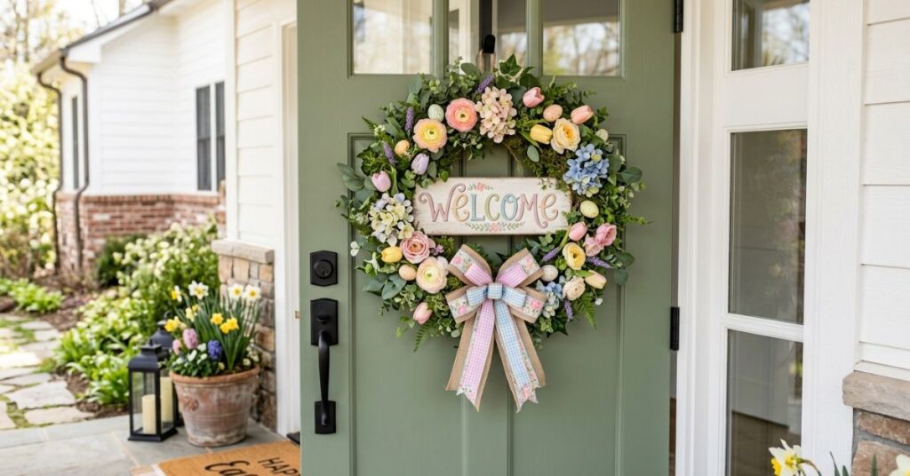 Wooden Sign Easter Wreath With Welcome Message