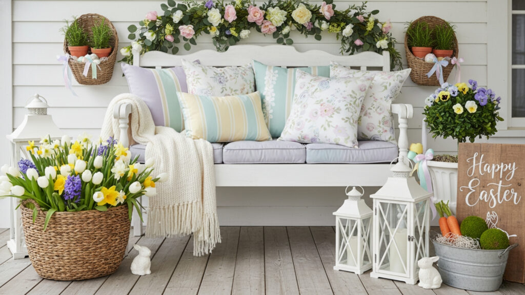 Easter Front Porch Bench Decor Ideas for Cozy Seating Style