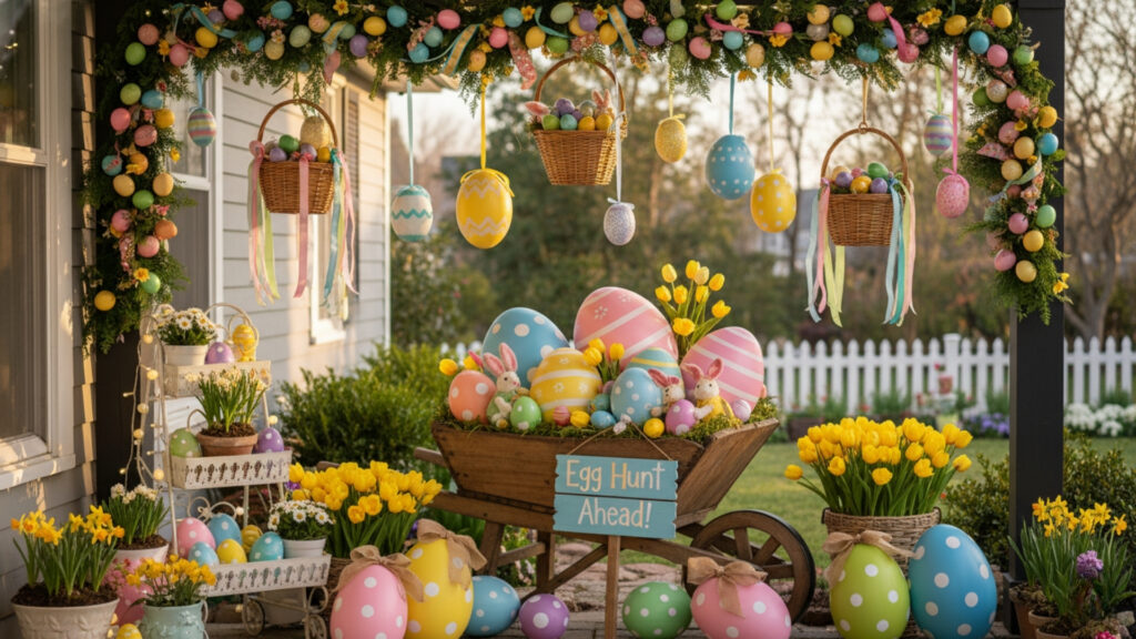 Easter Front Porch Egg Display Decor Ideas for Festive Color Pops