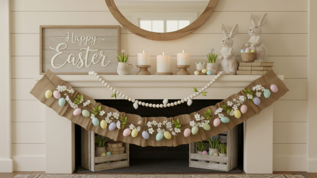Farmhouse Easter Mantel Decor Ideas for Rustic Fireplace Styling