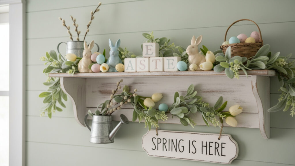 Farmhouse Easter Shelf Decor Ideas for Layered Rustic Displays