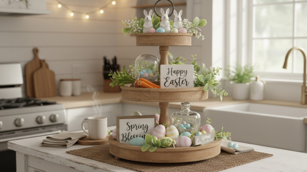 Farmhouse Easter Tiered Tray Decor Ideas for Compact Styling Charm