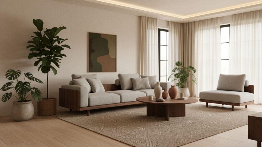 Natural Wood and Organic Elements for a Soft Modern Living Room